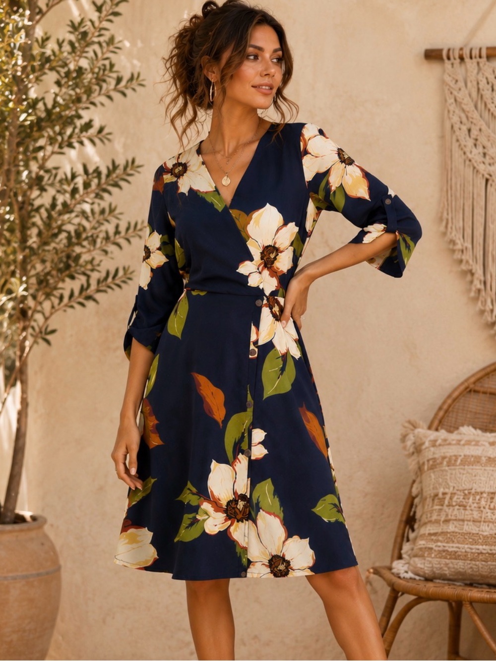 Monteau Navy Multicolored Floral Faux Wrap Midi Dress Button Detail Medium